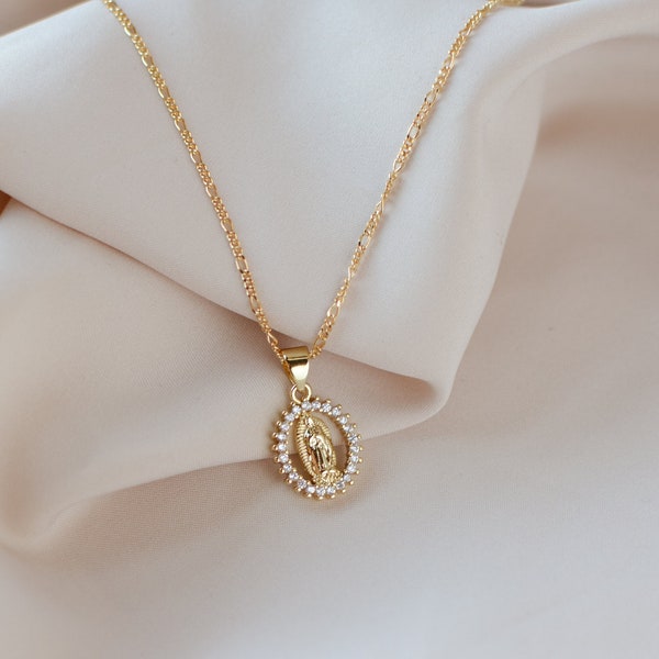 Our Lady of Guadalupe Necklace Mini Zirconia Mom Gift Grandma Birthday Gift Religious Virgin Mary Gold Virgen de Guadalupe Catholic