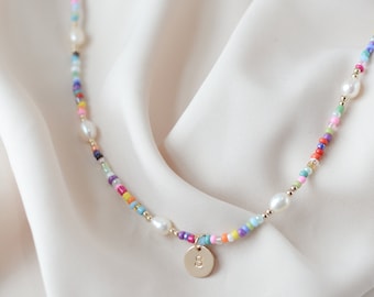 Beaded Initial Necklace 14k Gold Filled Disc Choker Pearl Necklace Beachy Choker Colorful Seed Waterproof Summer Jewelry Gift for Her