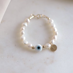 Newborn Gift Baby Gift New Born Protection Bracelet Baby Girl Initial Evil Eye Pearls Bracelet Mom and Baby Bracelets Matching mal de ojo