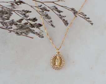 Our Lady of Guadalupe Necklace Zirconia Mom Gift Grandma Birthday Gift Religious Virgin Mary Gold Virgen de Guadalupe Catholic