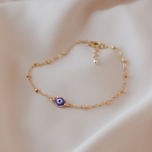 Evil Eye Bracelet 14k Gold Filled Dainty Protection Bracelet Gold Stacking Chains Bracelets Waterproof Handmade Jewelry Gift for Her Mom