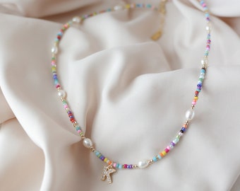 Initial Necklace Gold Filled Choker Pave CZ Letter Pearl Necklace Beachy Choker Colorful Rainbow Seed Beaded Waterproof Summer Jewelry