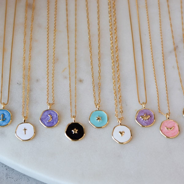 Gold Coin Necklace Star Moon Butterfly Anchor Wings Cross Heart Lightning Enamel Necklace Color Cute Necklace for Her