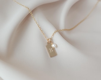 June Birthstone, Dainty Pearl and Initial Necklace, 14k Gold Filled, June Gemstone, Birthday Gift for Women