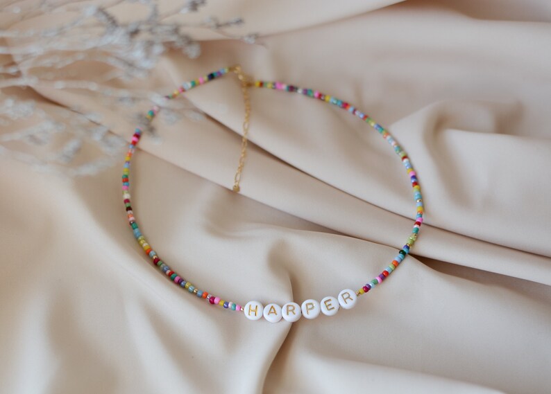 Name Choker Initial Necklace Letter Colorful Necklace Rainbow Beaded Handmade Jewelry Personalized Custom Name Choker Spring Summer Beachy image 1