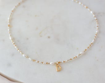 Initial Necklace Gold Filled Choker Letter Pearl Neutral Beads Necklace  Beachy Choker Colorful Seed Choker Waterproof Choker Summer Jewelry