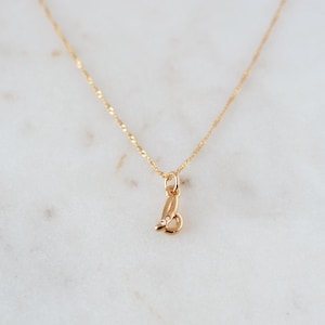 May include: A delicate gold chain necklace with a small, cursive letter 'L' pendant accented with a tiny diamond.