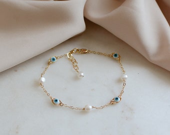 Evil Eye Bracelet Gold Filled Pearl Bracelet waterproof layering bracelet mom gift mother day gift for her tiny elegant mal de ojo bracelet