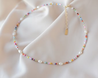 Choker Necklace Gold Filled Summer Jewelry Pearl Necklace Beachy Choker Colorful Rainbow Seed Beaded Choker Waterproof Choker Collar Jewelry