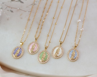 Mother Mary Necklace Virgen de Guadalupe Necklace Colors Zirconia Mothers Day gift Grandma Gift Religious Virgin Mary Gold Catholic Necklace