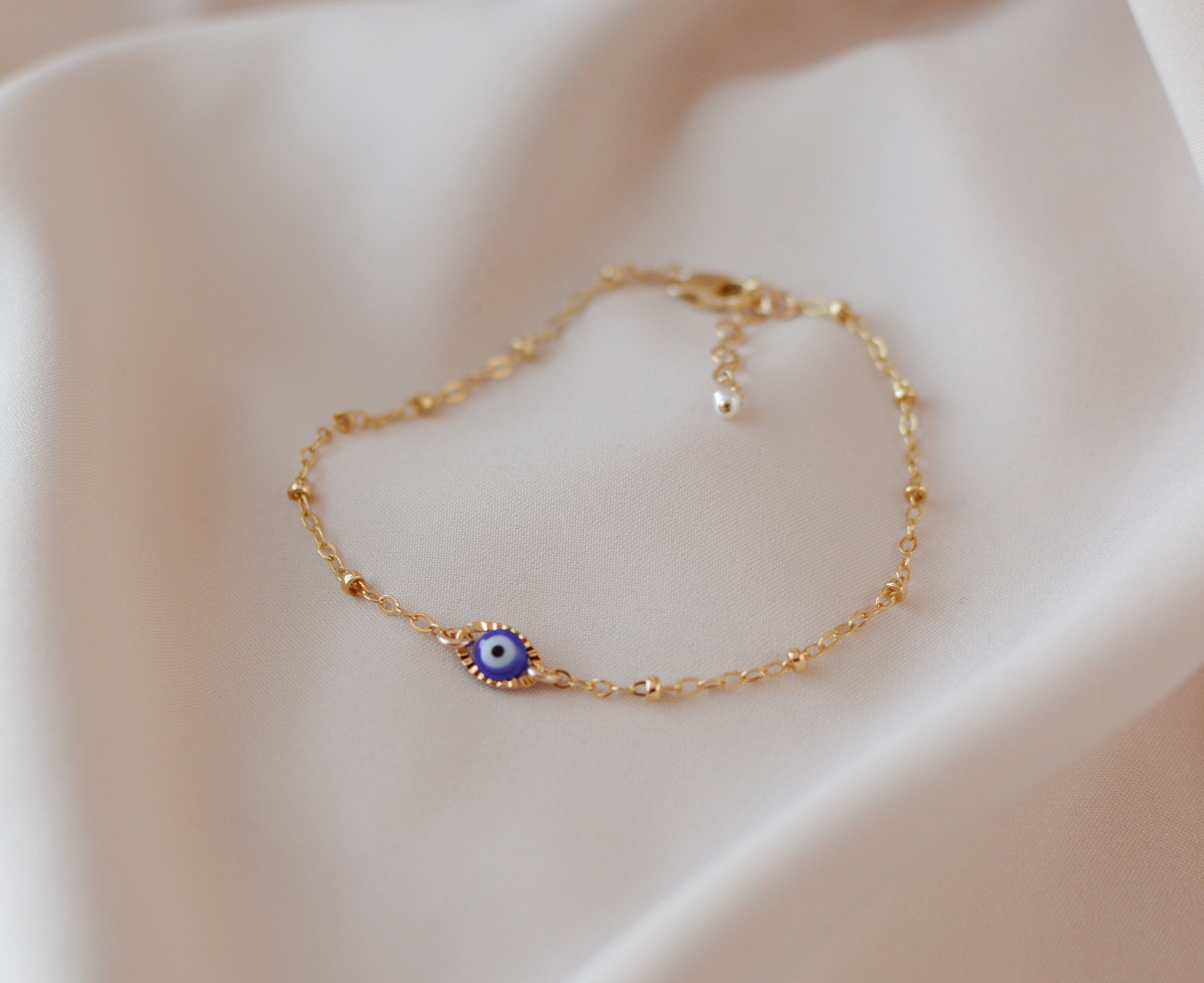PAENENPH Pulsera De Oro Rosa Sólido De 14 Quilates Sobre Plata 925 De Moissanita Contra El Mal De Ojo Para Mujer, Pulsera De Cadena Ajustable De Triple Ojo Azul De Lujo