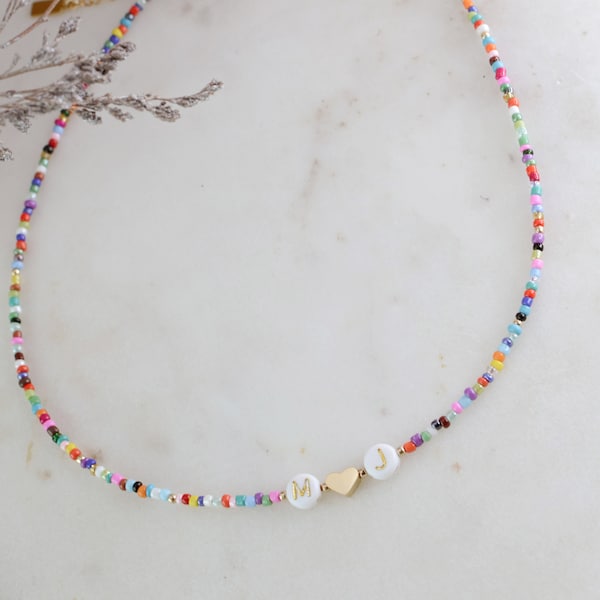 Name Choker Initial Necklace Initial Letter Heart Colorful Rainbow Beaded Charm Personalized Name Custom Name Choker Spring Colors