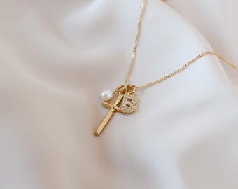 Gold Cross Necklace Initial Cross Pendant Religious Necklace Mom Gift Pearl Cross Necklace Mothers Day Communion gift Confirmation Godmother