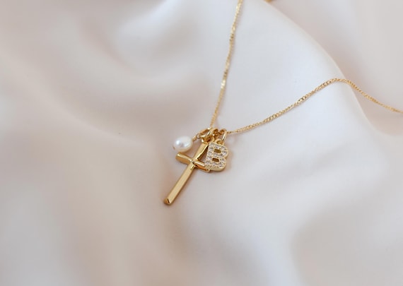 Gold Cross Necklace Initial Cross Pendant Religious Necklace Mom Gift Pearl Cross Necklace Mothers Day Communion gift Confirmation Godmother