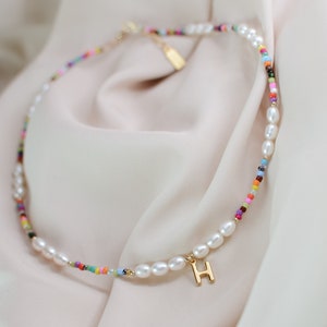 Initial Choker Necklace Initial Gotic Minimalist Letter Fresh Water Pearls Colorful Rainbow Beaded Personalized Choker Summer Spring Colors image 1