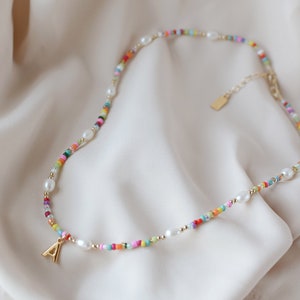 Initial Necklace Gold Filled Choker Letter Pearl Necklace Beachy Choker Colorful Rainbow Seed Beaded Choker Waterproof Choker Summer Jewelry