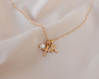Gold Cross Necklace Dainty Initial Cross Pendant Religious Necklace Mom Gift Pearl Cross Necklace Mothers Day Communion gift Confirmation