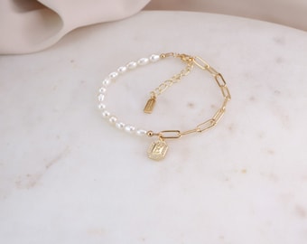Gold Initial bracelet Pearl Bracelet Dainty Bracelet Paperclip bracelet mom gift Letter Alphabet Bracelet Gold  Jewelry Gift for her