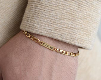 Couple Bracelet Men Engraved Figaro Bracelet Boyfriend Gift Initial Bracelet Personalized Gold Stainless Steel Bracelet Anniversary for Him