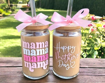 Mama Iced Coffee Glass, mama Coffee Cup, Mothers Day Gift from Daughter, Mothers Day, Mama Mama Mama Mama, Retro Mom, Happy Mothers Day