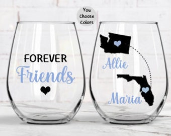 Long Distance Friendship Gift, Friends Gifts, Best Friend Wine Glass, Forever Friends Gifts, Distance Gifts, Best Friend Gift,  Best Friend