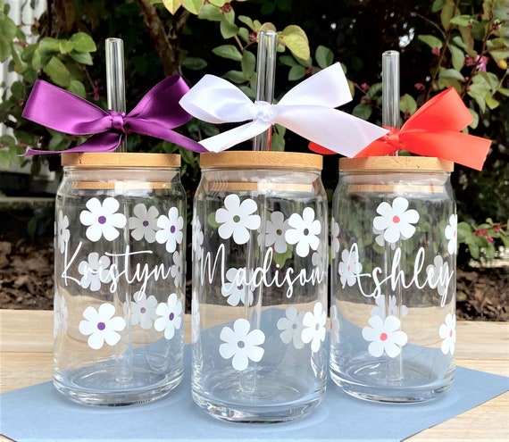 16 Oz Personalized Glass Cup With Bamboo Lid and Straw Custom Beer Can Mug,  Mason Jar, Bridesmaid Gift, Tumbler, Bachelorette Favor 