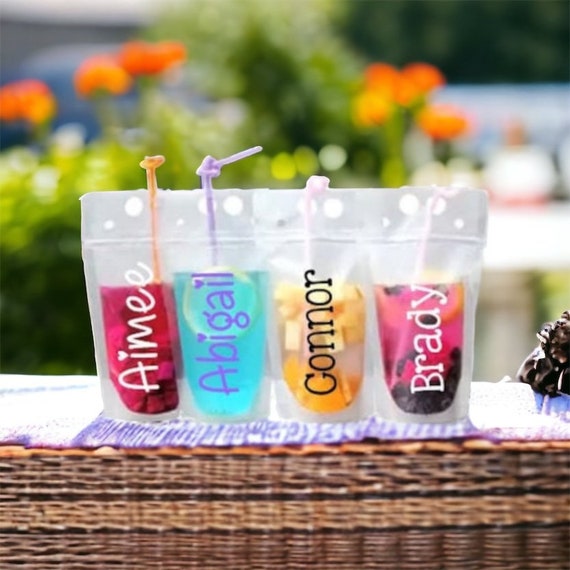 Drink Pouches with Straws Plastic Drink Bags with Zipper Party Beverage  Bags Juice Pouches for Adults and Teens (24 Sets,6 Styles)