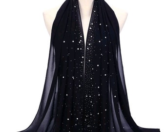 Beautiful Ladies Navy Blue Evening Scarf with faux pearl & rhinestone detail