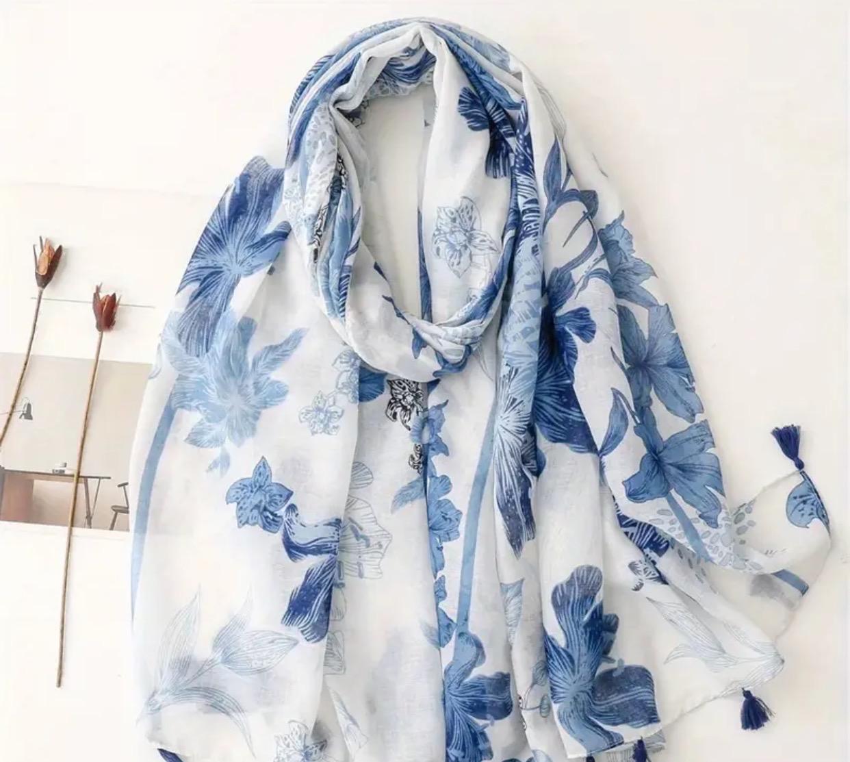 Beautiful Ladies Blue & White Floral  Evening Scarf