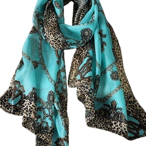 Beautiful Ladies Turquoise & Brown Leopard Print Evening Scarf