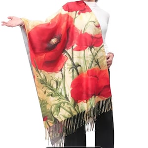 Beautiful Ladies Red Double sided Poppy Scarf Shawl