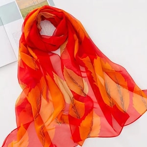 Orange Leafy Silky Scarf  Orange Silk Scarf: Floral Autumn Leaves, Women main image 2