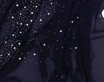 Beautiful Ladies Navy Blue Evening Scarf with faux pearl & rhinestone detail