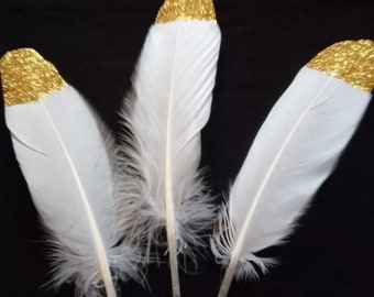 Beautiful White Goose Feathers with Gold Glitter Tip x 5 pieces