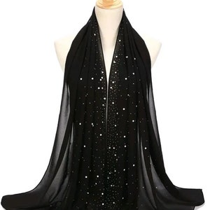 Beautiful Ladies Black Evening Scarf with faux pearl & rhinestone detail