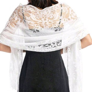 Beautiful Ladies White Lace Fringed Evening Scarf