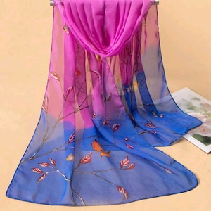 Hermosa bufanda de noche de gasa con flores rosas y azules para damas