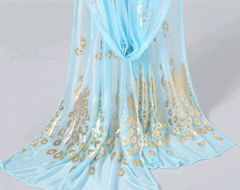 Beautiful Ladies Turquoise & Gold Peacock Design Chiffon Evening Scarf