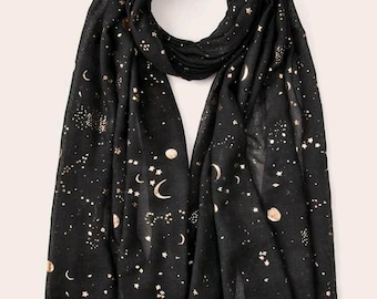 Beautiful Ladies Black Evening Scarf with Gold Moon & Star Detail