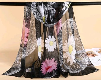 Beautiful Ladies Black Chiffon Evening Scarf with White & Pink Daisy Design
