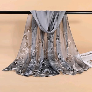 Beautiful Ladies Grey Floral Chiffon Evening Scarf