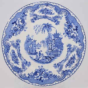 May include: A white and blue decorative plate with a floral and landscape design. The plate features a blue scalloped edge and a central scene with a pagoda, figures, and a boat. The plate is supported by a clear stand.