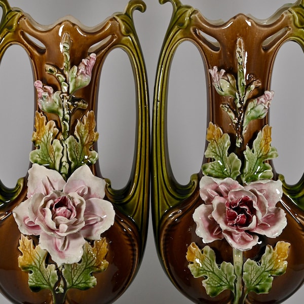 Two High Barbotine Мajolica Vases - ART NOUVEAU Style - France