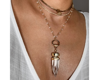 Raw Quartz necklace, square clear quartz pendant, quartz cube pendant, gold dipped pendant, crystal necklace, raw crystal necklace