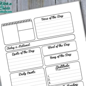 May include: A printable daily planner with sections for "Verse of the Day", "Today is National", "Quote of the Day", "Daily Events", "Word of the Day", "Song of the Day", and "Gratitude: 3 Things I'm Grateful For".