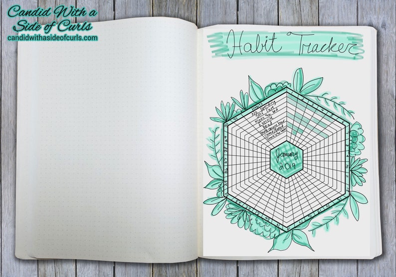 May include: A habit tracker page in a journal with a green floral design. The page is divided into a hexagon with 31 days of the month. The hexagon is surrounded by a floral design with green leaves and flowers. The text "Habit Tracker" is written in green at the top of the page. The text "January 2019" is written in the center of the hexagon.