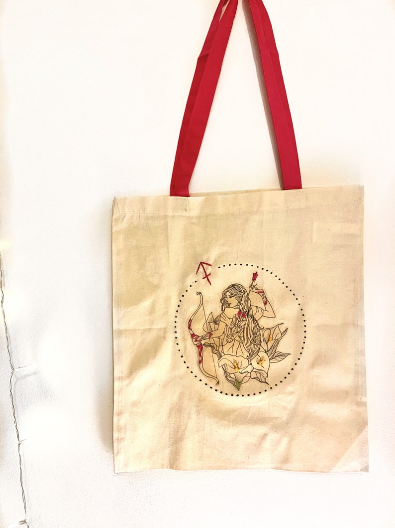 Hand made custom illustrated SAGITTARIUS tote bag