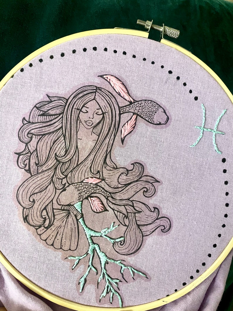 Hand made custom illustrated PISCES tote bag