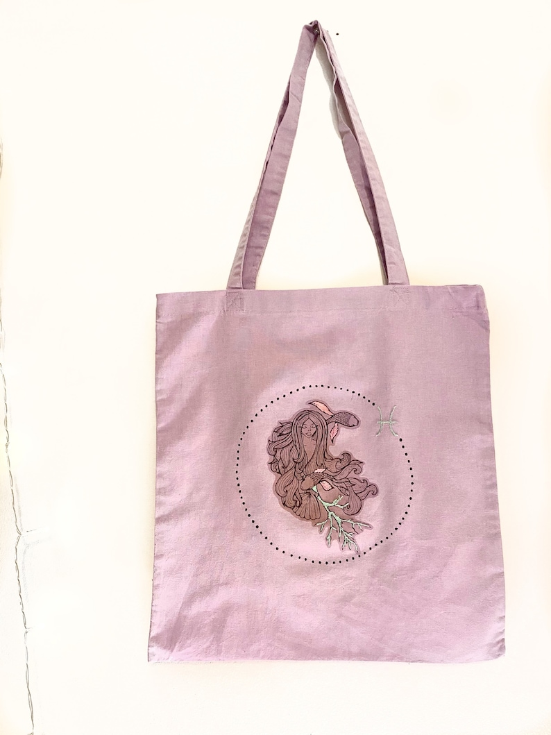 Hand made custom illustrated PISCES tote bag