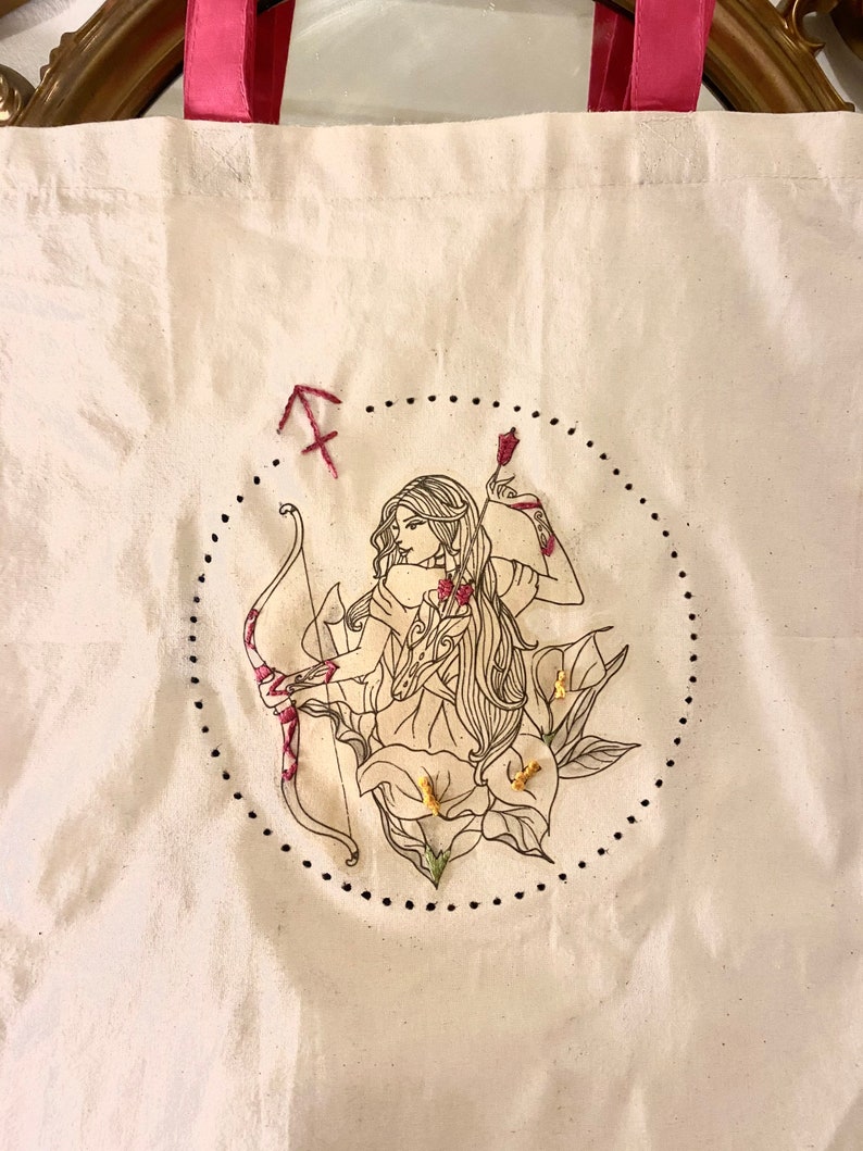 Hand made custom illustrated SAGITTARIUS tote bag